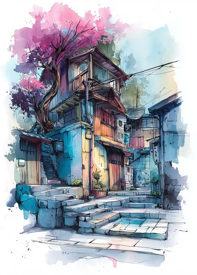 Watercolor Japanese Street Scene with Cherry Blossom