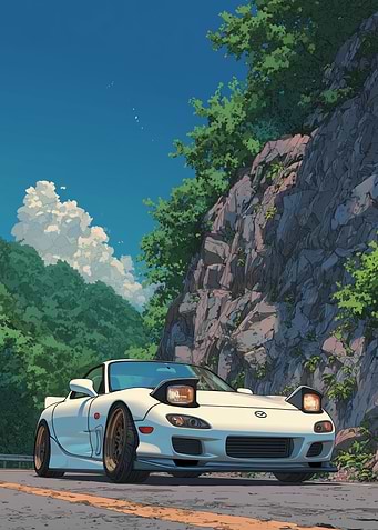 White Mazda RX-7 on Mountain Road