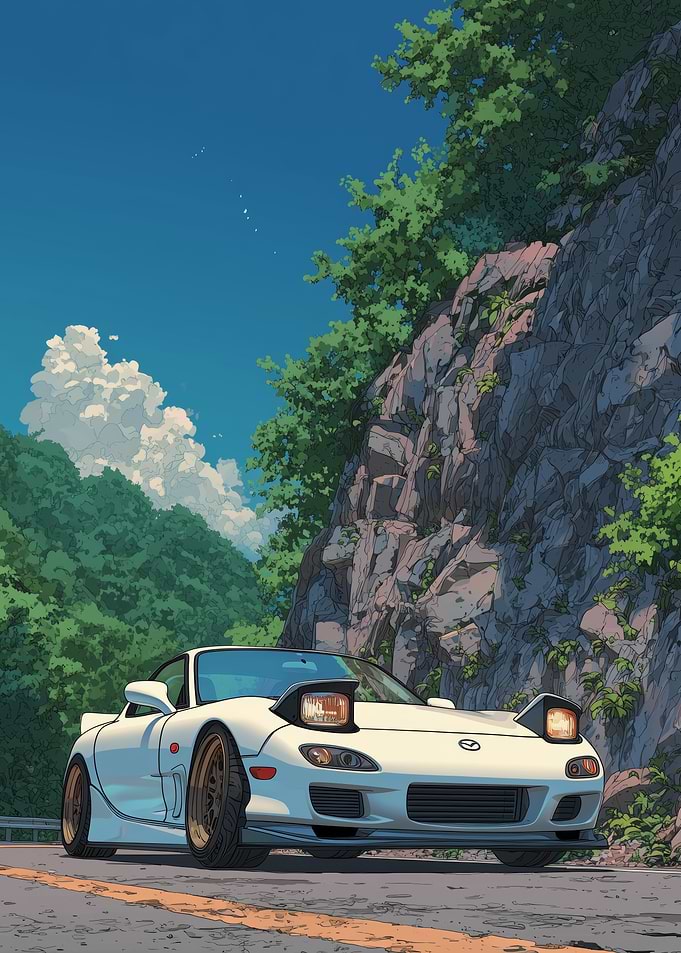White Mazda RX-7 on Mountain Road