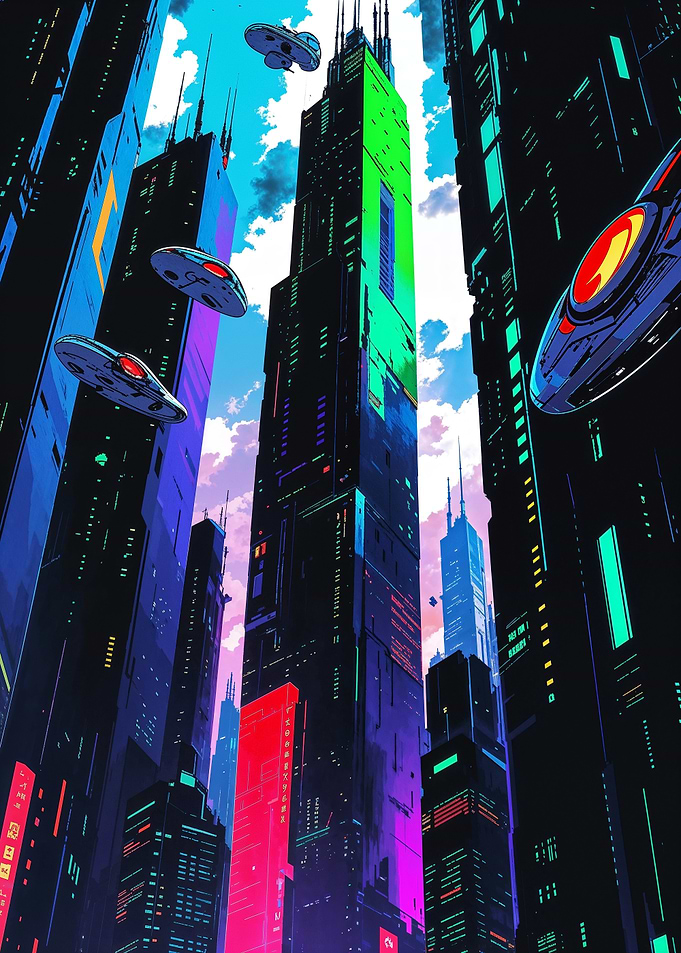 Futuristic Cityscape with Flying Vehicles