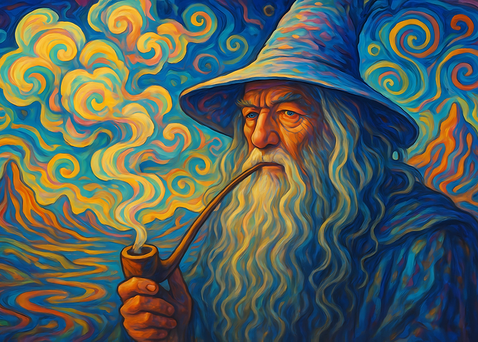 Wizard with Pipe in Dreamy Landscape