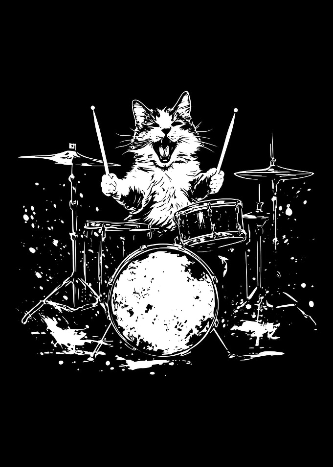 Cat playing drums black and white
