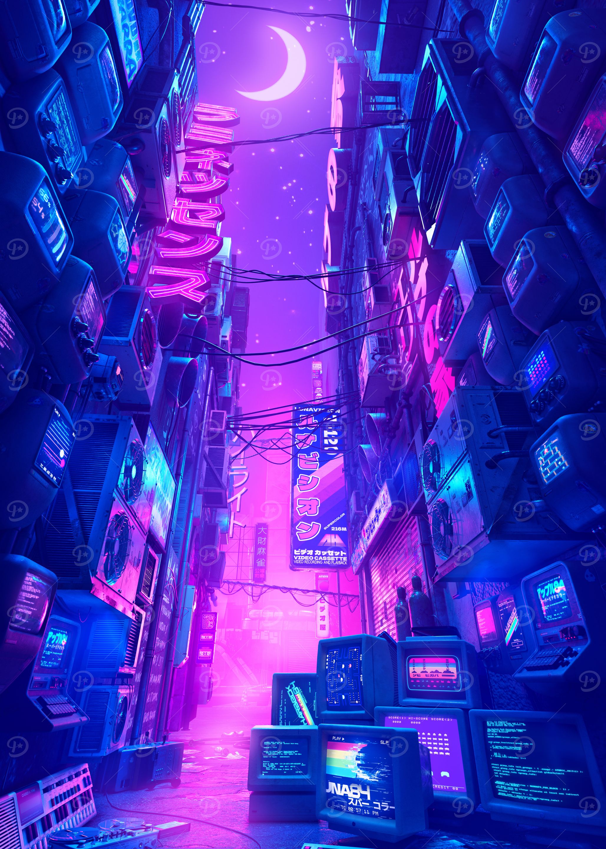 Cyberpunk Neon Alleyway with CRTs