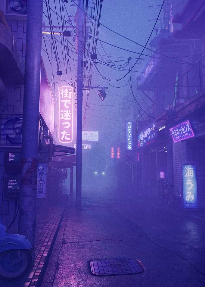 Neon-lit Cyberpunk Alleyway In Fog