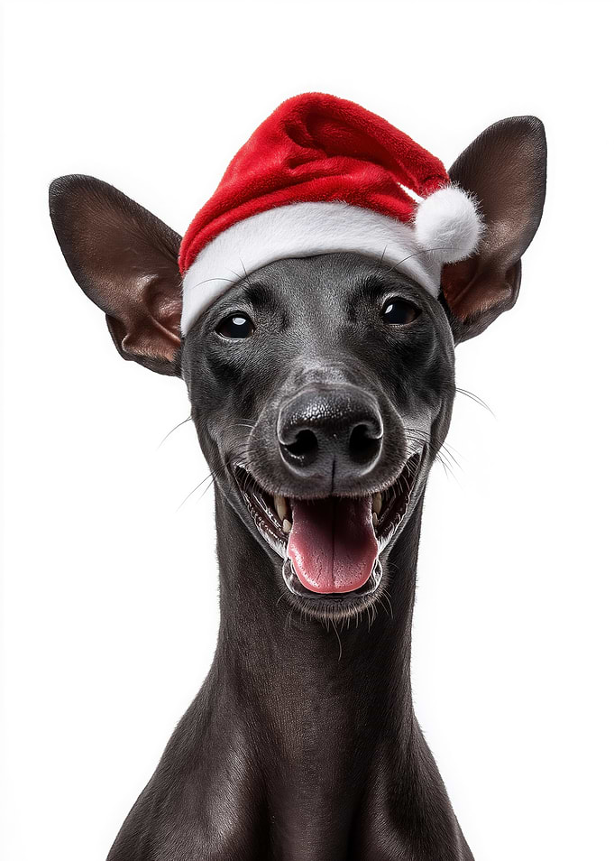 Smiling Xoloitzcuintli Dog with Santa Hat