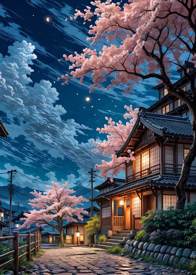 Japanese Village at Night with Cherry Blossoms