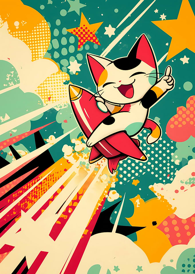 Cartoon Cat Riding a Rocket