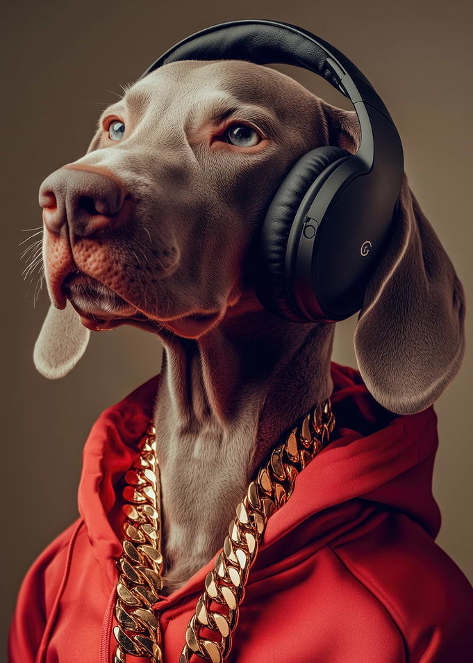 Dog with Headphones and Gold Chain - Cool Weimaraner in Hoodie & Headphones ! Hip Hop