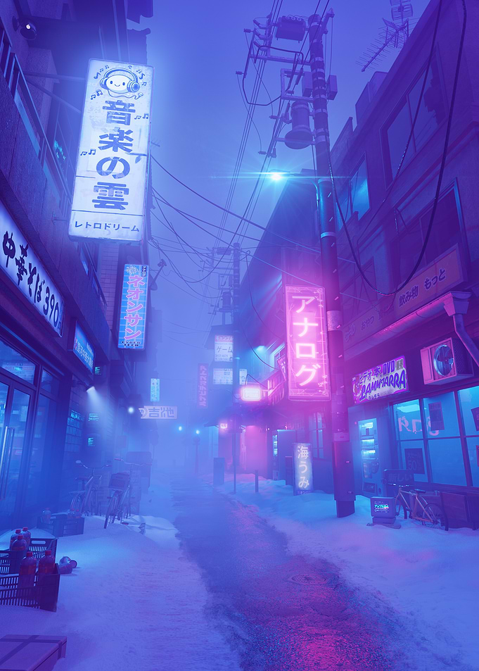 Neon-lit Snowy Japanese Alley
