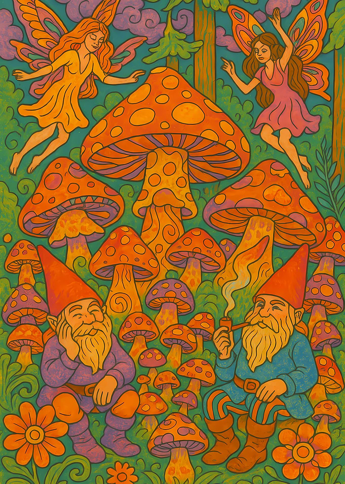 Psychedelic Mushroom Forest with Gnomes and Fairies