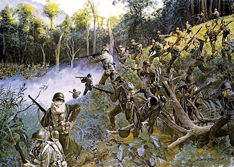 Jungle Assault, Bougainville, November 1943 — vintage poster restored on metal