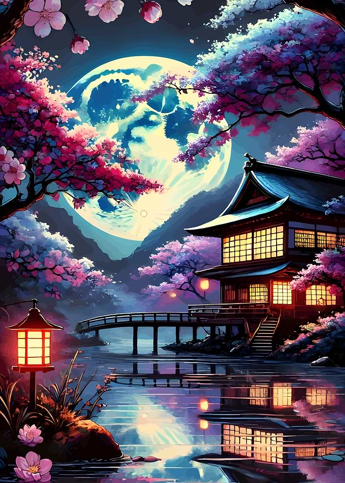 Japanese House Under Moonlight with Cherry Blossoms