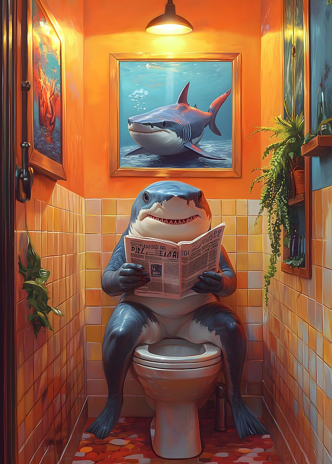 Shark reading newspaper on toilet
