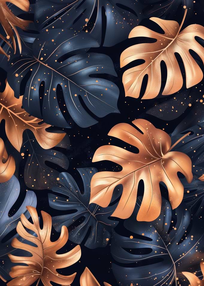 Monstera Leaves Pattern in Gold and Blue | Rose Gold Monstera Poster