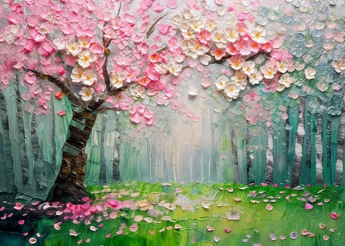 Cherry Blossom Tree in Forest Painting