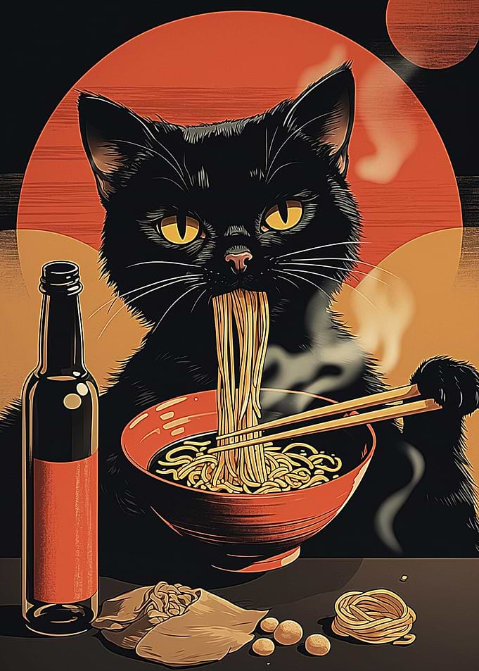 Black Cat Eating Ramen Noodles
