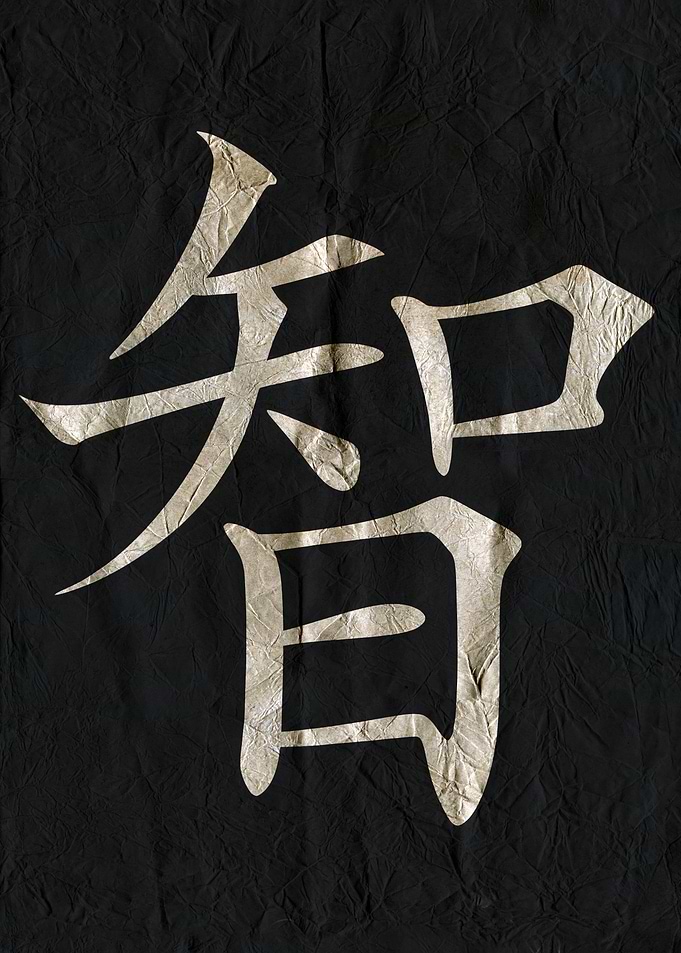 Wisdom, Japanese Kanji on Black Textured Background
