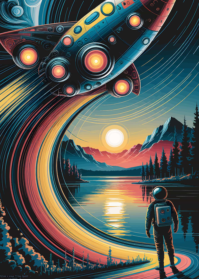 Retro Rocket and Astronaut Landscape