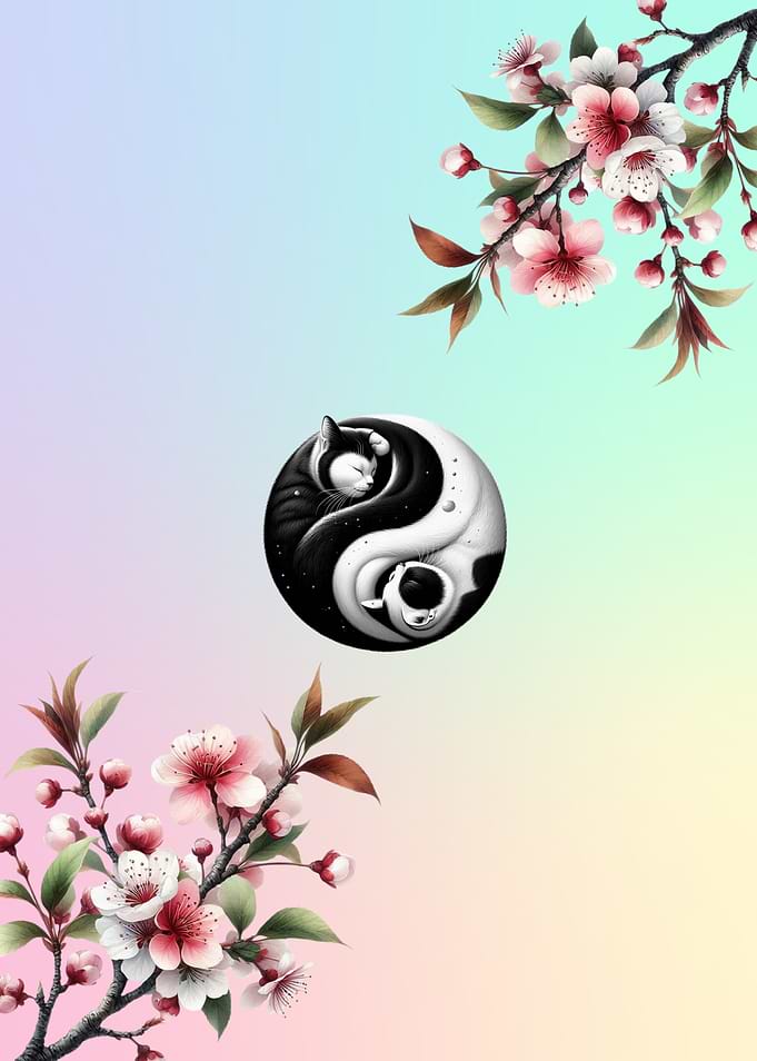 Yin Yang Cats with Cherry Blossoms
