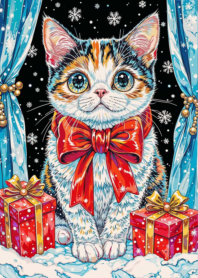 Festive Cat with Gifts and Snowflakes