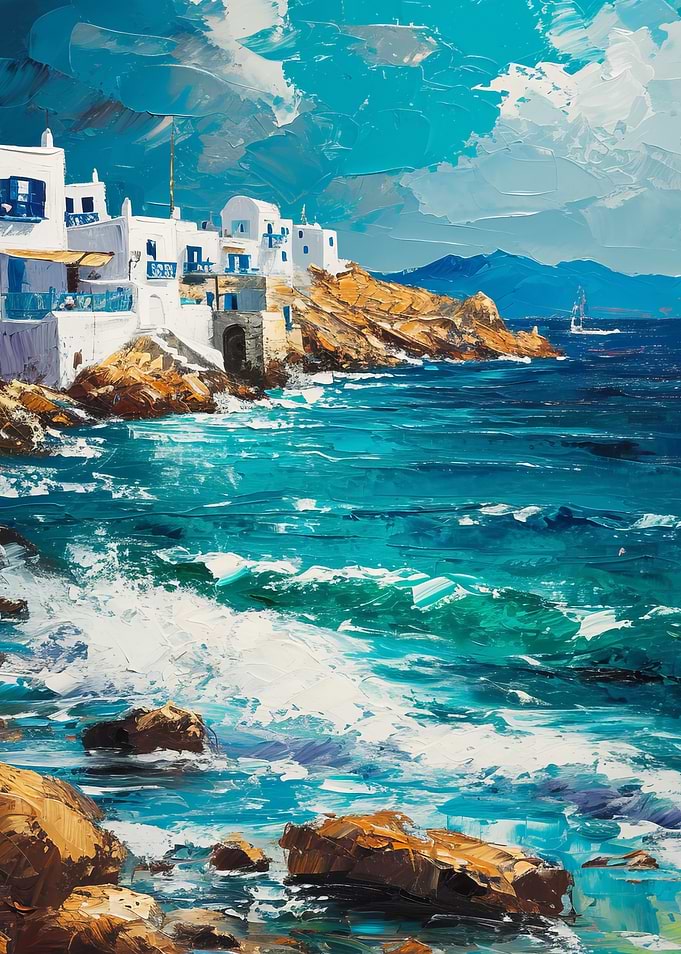 Coastal Village Painting with Turquoise Sea