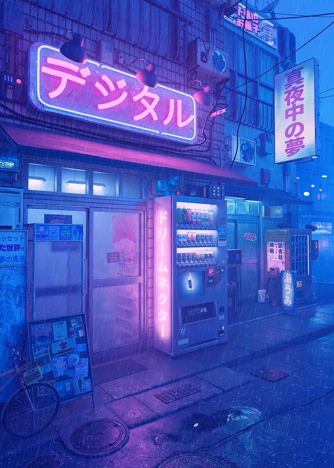 Neon Cyberpunk Shop in Rain