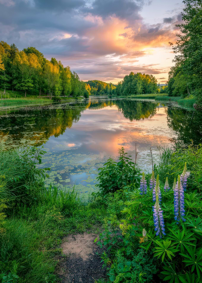 Lake at Sunset with Lupines