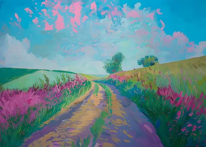 Impressionistic Landscape with Pink Flowers