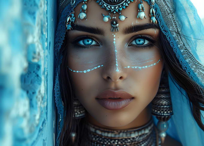 Blue-Eyed Woman with Tribal Makeup