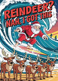 Surfing Santa with Reindeer on Beach