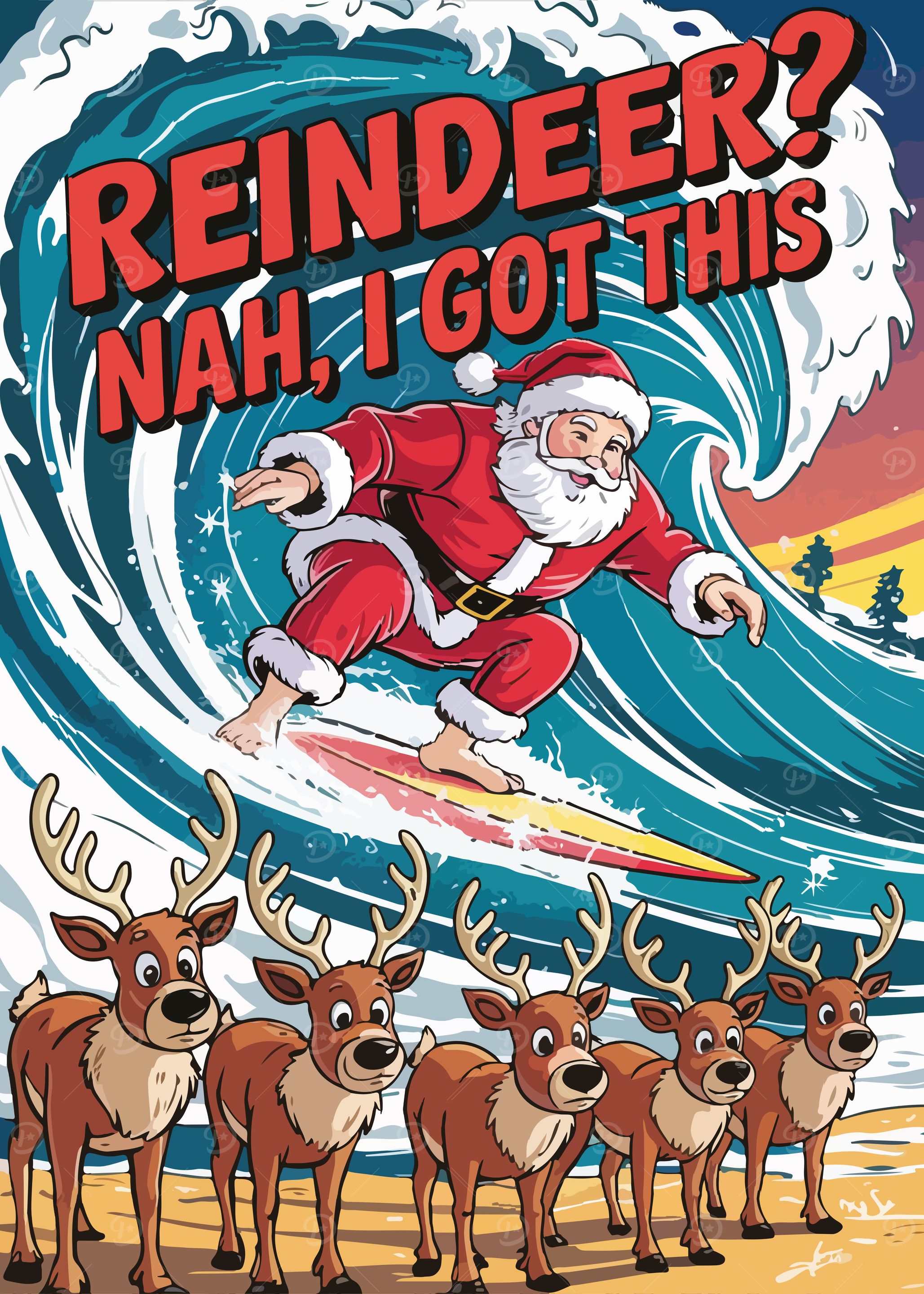 Surfing Santa with Reindeer on Beach