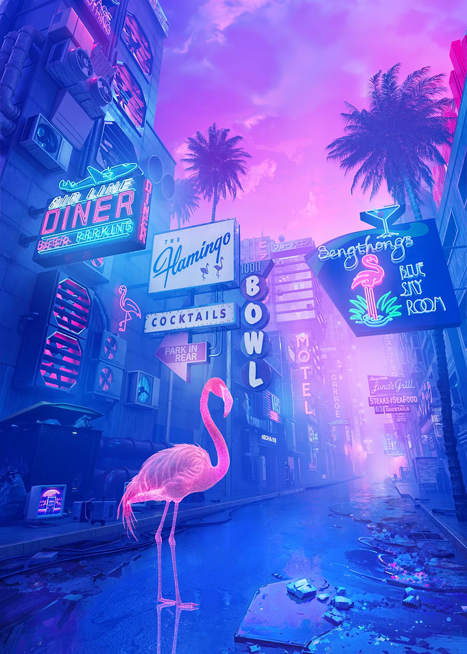Neon Flamingo Cityscape