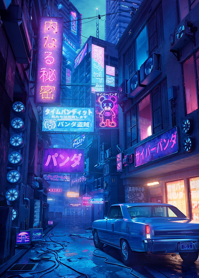 Cyberpunk Cityscape with Retro Car