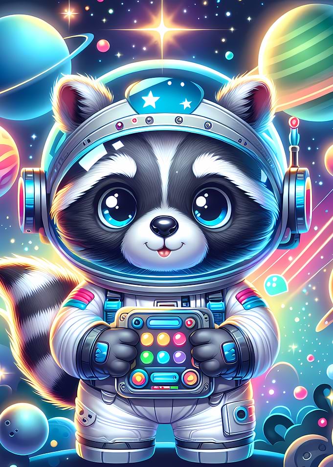 Adorable Raccoon Astronaut – Cute Space Explorer in Colorful Galaxy
