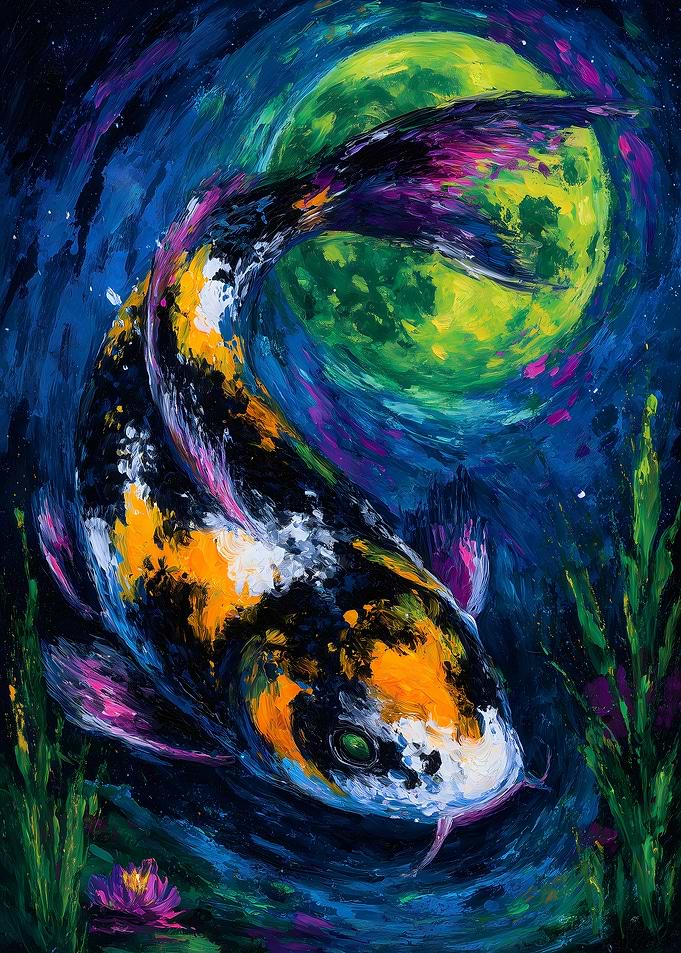 Koi Fish Under the Moon Painting