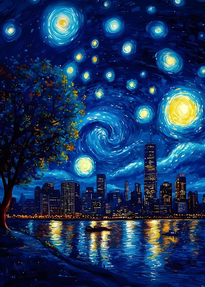 Starry Night Cityscape Painting