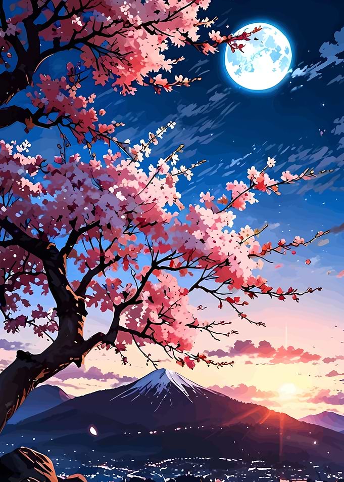 Cherry Blossoms, Mountain, and Moonlit Sky