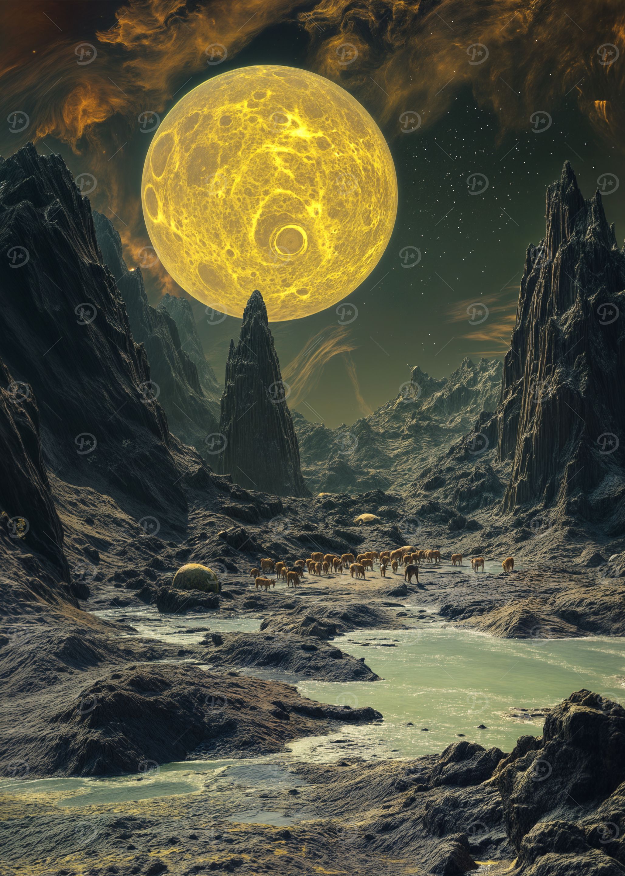 Alien Landscape with Herd and Moon