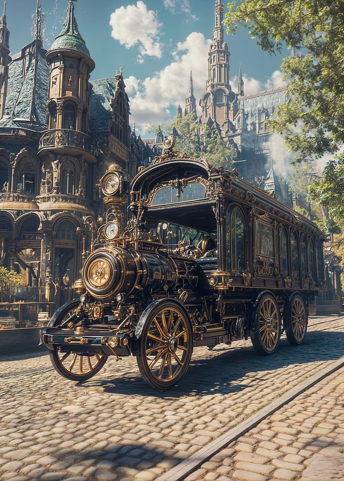Steampunk Vehicle in Ornate Cityscape