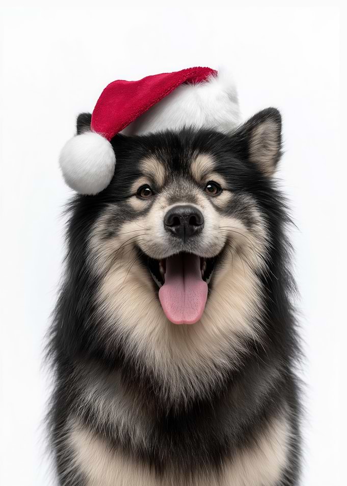 Happy Finnish Lapphund Dog with Santa Hat