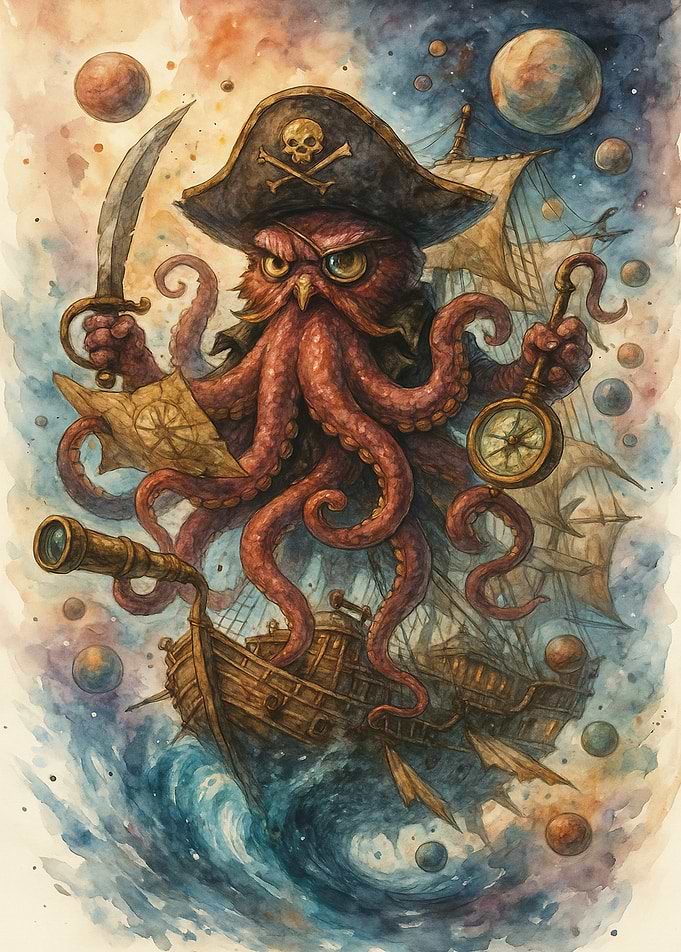 Octopus Pirate Captain Watercolor Illustration