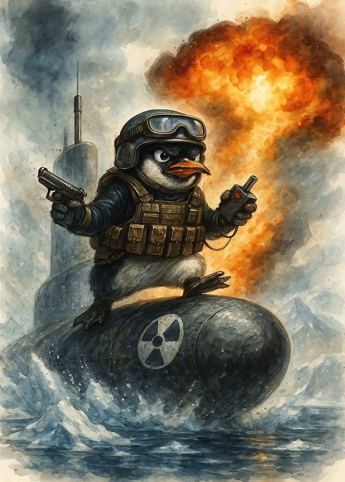Armed Penguin on Submarine Watercolor