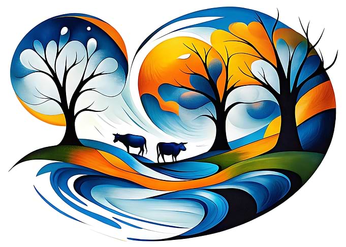 Abstract Landscape with Cows and Trees