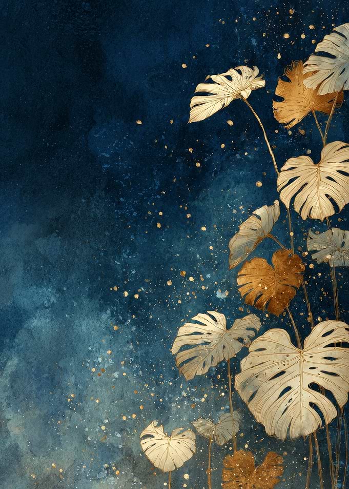 Monstera Leaves on Blue Watercolor Background