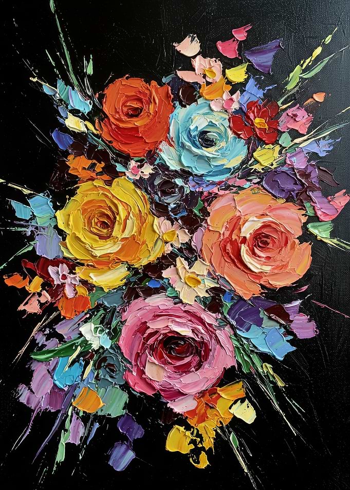 Colorful Floral Bouquet Painting on Black