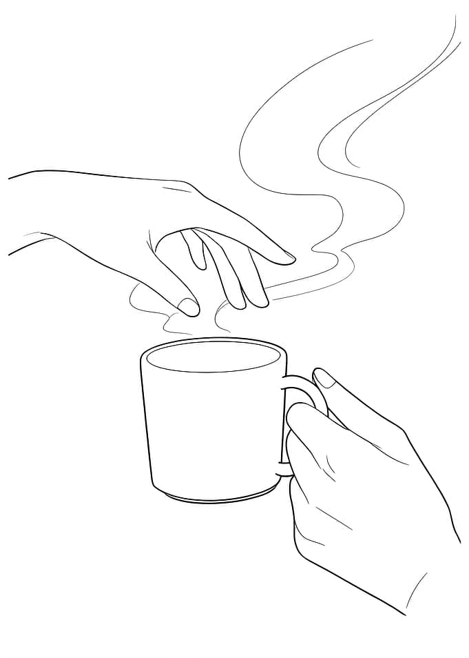 Hands reaching for a steaming coffee mug Minimalist Line Art