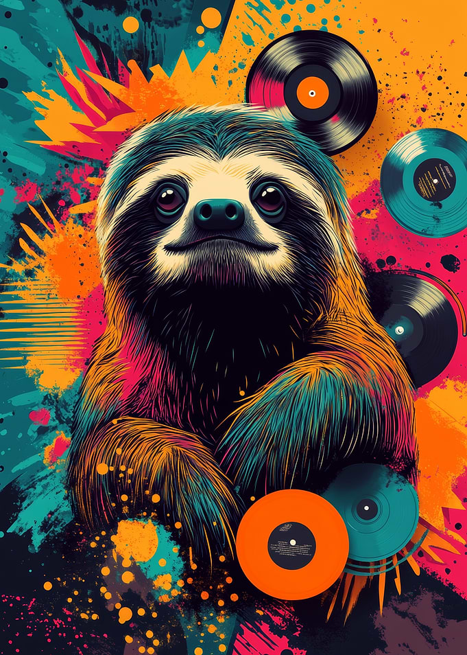 Colorful Sloth with Vinyl Records | Happy Sloth Vibes