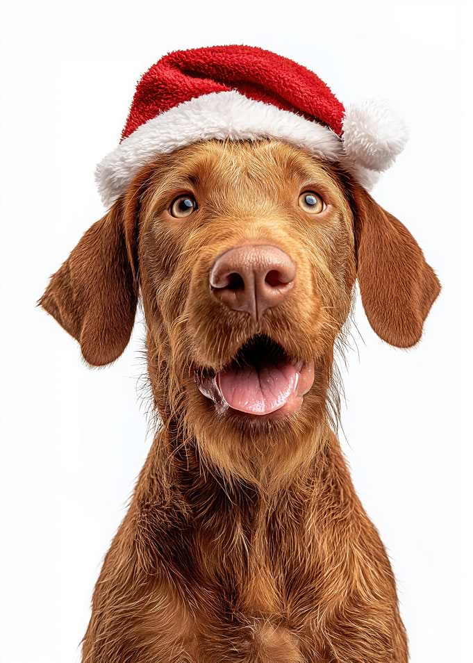 Wirehaired Vizsla Dog with Santa Hat