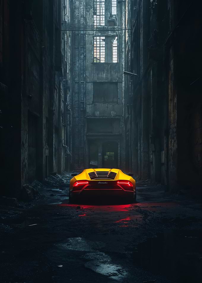 Yellow Lamborghini in Dark Alley