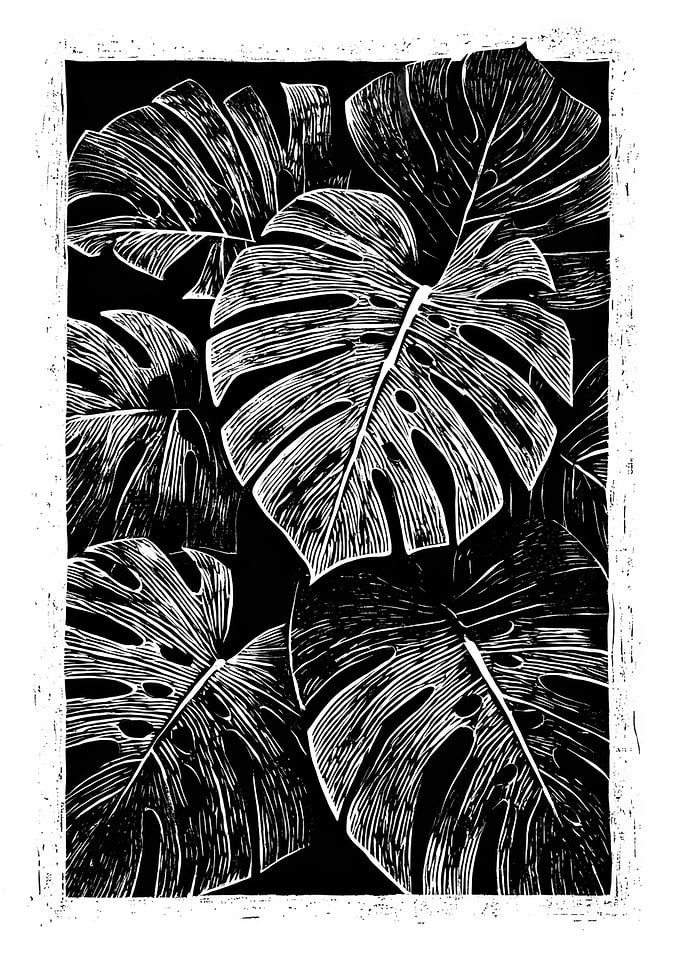 Monstera Leaves Black and White Print | Dark Monstera Leaf Poster